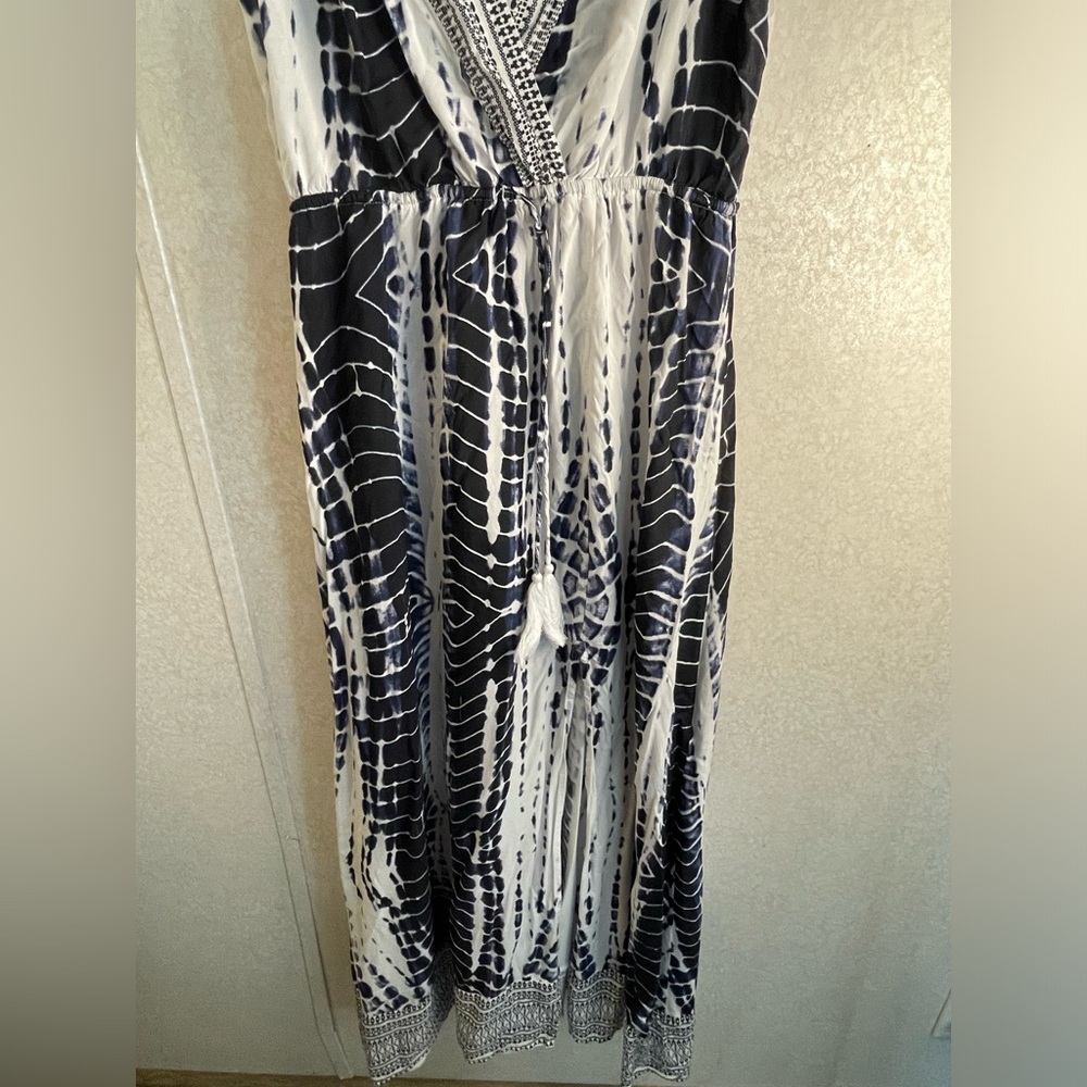 Venus Blue & White Large Tie Dye Maxi Dress Boho Side Slit Y2K Beach Resort - Picture 3 of 9